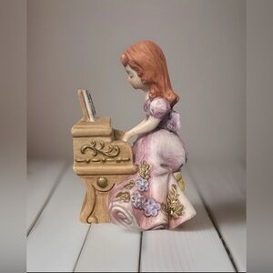 Vtg Girl at Piano Figurine Hand Painted Ceramic Red Head Victorian Style 1970s